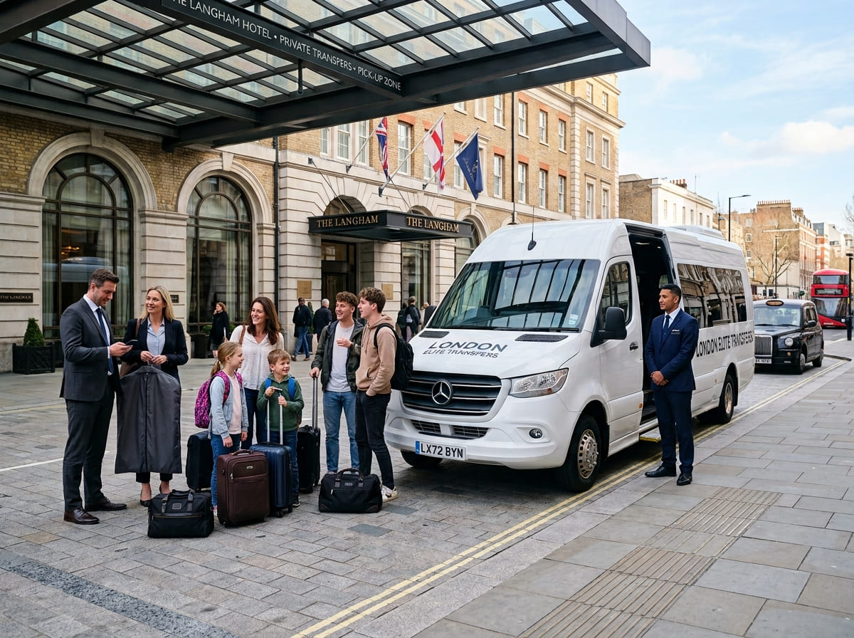 A private minibus in London with passengers and luggage waiting outside a hotel for airport transfers, events, and group travel.
