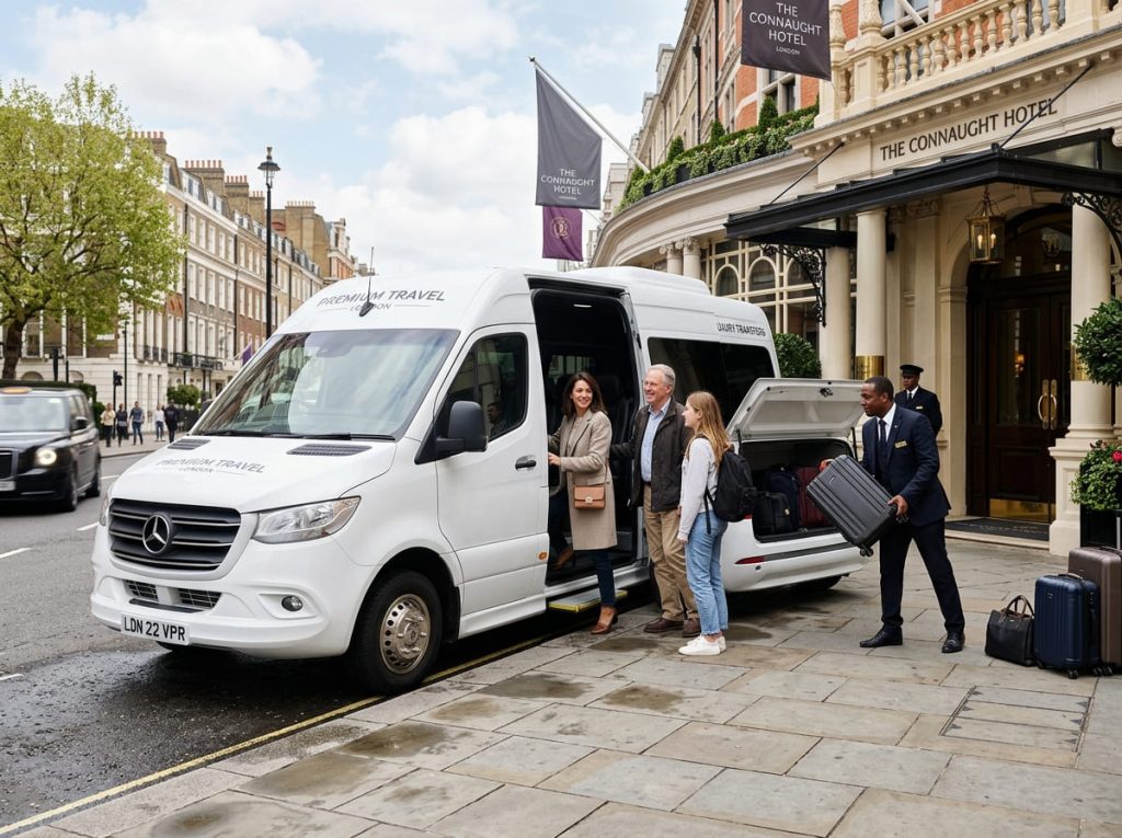 Minibus London hire, a group boarding a private minibus with luggage outside a London hotel for an airport transfer.
