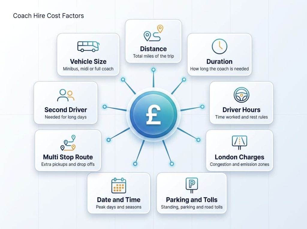 An infographic showing nine factors that affect London coach hire cost, including vehicle size, distance, driver hours, London charges, and dates.
