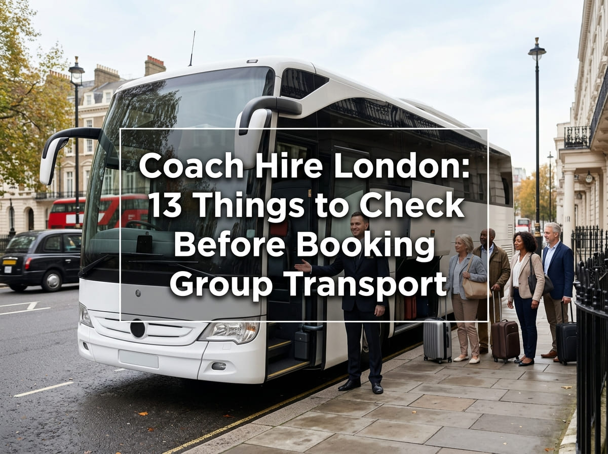 Coach hire London featured banner showing a smart white coach with a uniformed driver helping a group board outside a London hotel.