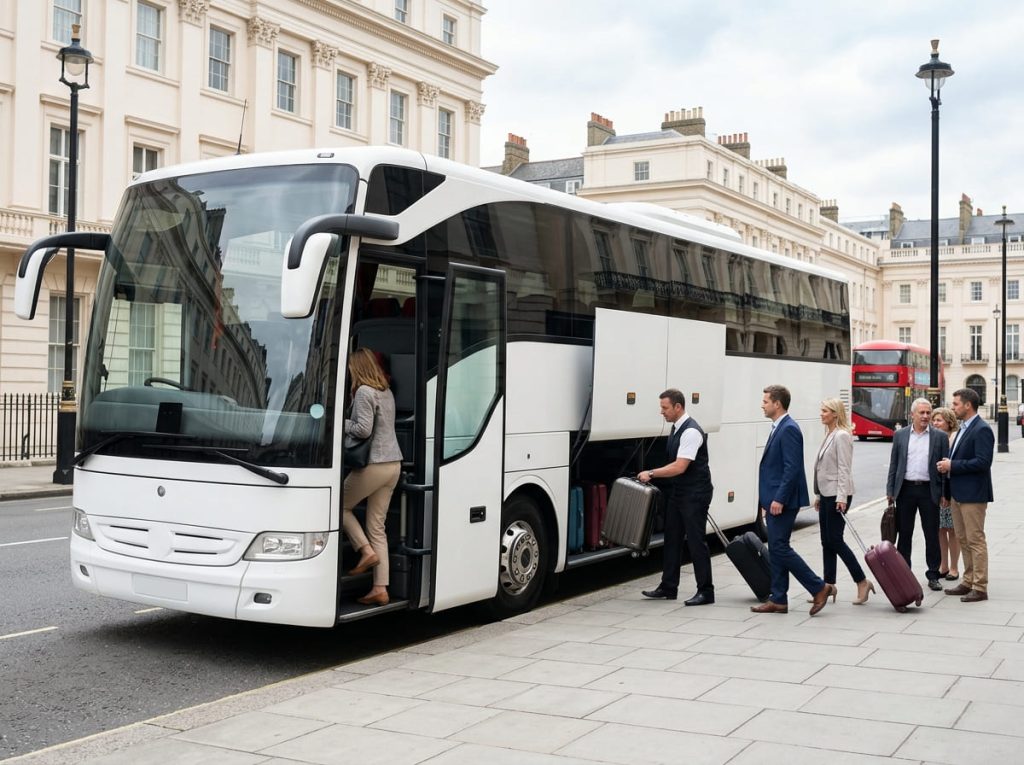 A coach hire London vehicle at a city pickup point with the driver loading luggage as a group boards for an event or airport transfer.
